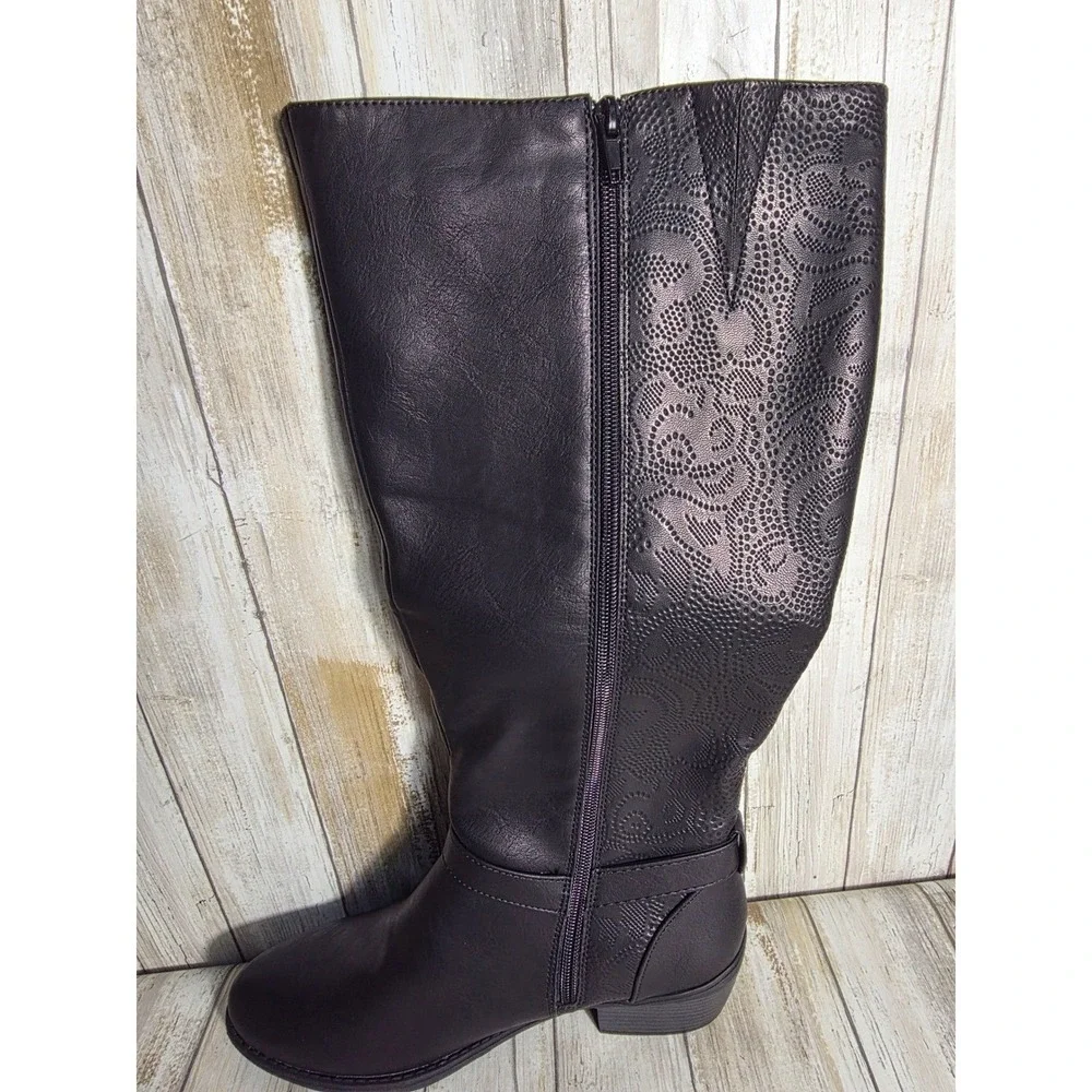 Easy Street Plus Wide Calf Black Knee High Boots Paisley Embossed Side Zip NWT